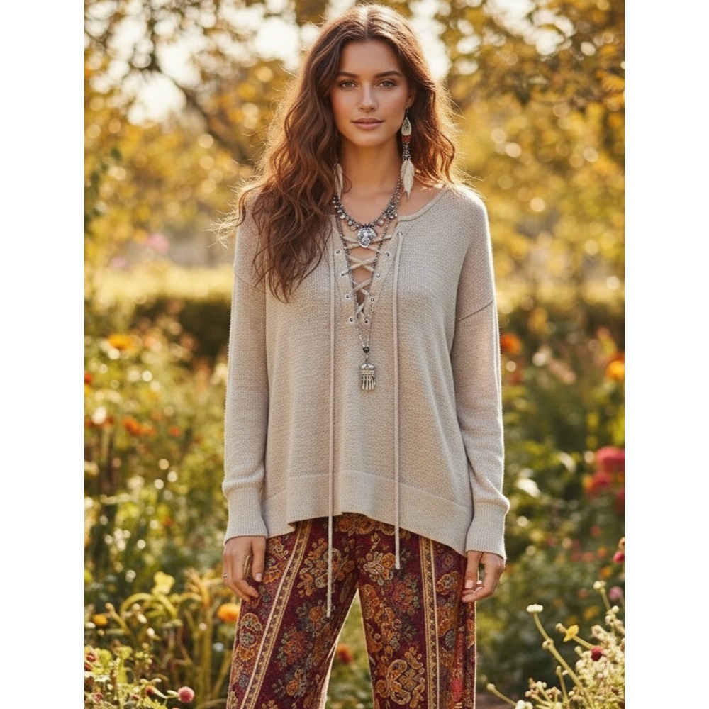 Loft S Sweater Lace Up Beige Cozy Cottage Y2K Boho Earthy Fairy Grunge Indie‎